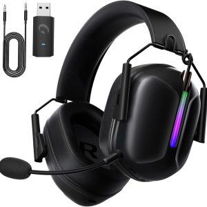 2.4GHz Wireless Gaming Headset with Microphone, 2.4G USB & Type C Transmitter - 30h Battery Life - RGB Lighting Gaming Headphones for PS5, PS4, PC, Phone