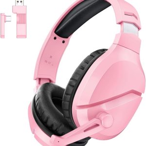 TA2000 Wireless Gaming Headset with Noise Canceling Microphone for PC, PS5, PS4, 2.4G/Bluetooth Gaming Headphones with USB and Type-c Connector - Pink