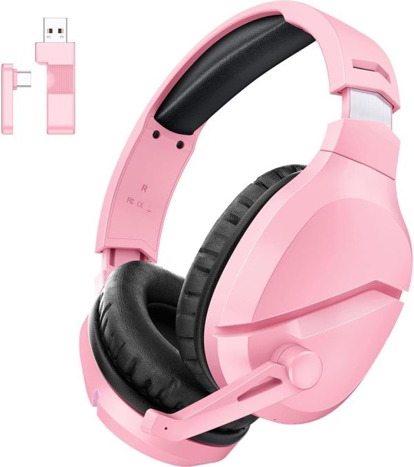 TA2000 Wireless Gaming Headset with Noise Canceling Microphone for PC, PS5, PS4, 2.4G/Bluetooth Gaming Headphones with USB and Type-c Connector - Pink