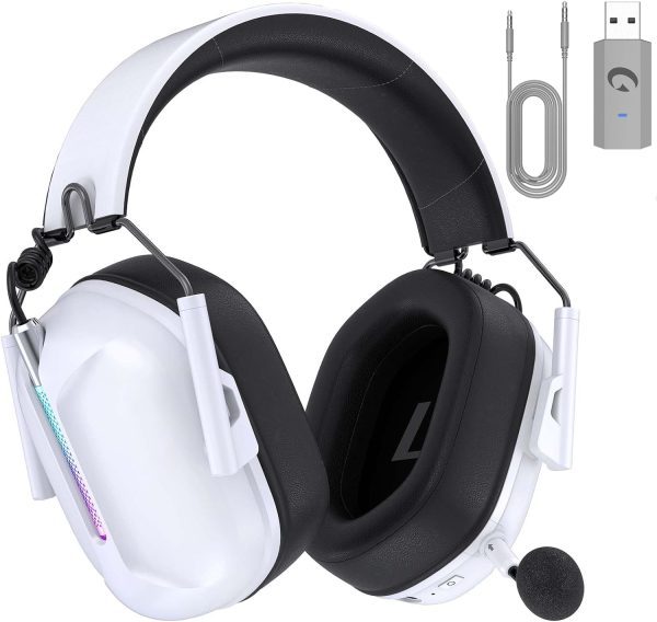 2.4GHz Wireless Gaming Headset for PS5, PC, Switch, PS4, Bass Sound, Bluetooth 5.3 Gaming Headsets with Noise Canceling Microphone, ONLY 3.5MM Wired for Xbox Series, 40H Battery (White)