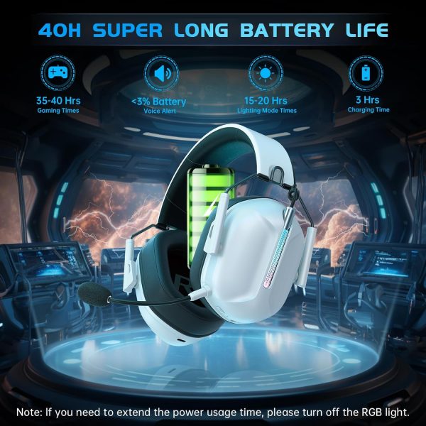 2.4GHz Wireless Gaming Headset for PS5, PC, Switch, PS4, Bass Sound, Bluetooth 5.3 Gaming Headsets with Noise Canceling Microphone, ONLY 3.5MM Wired for Xbox Series, 40H Battery (White) - Image 3