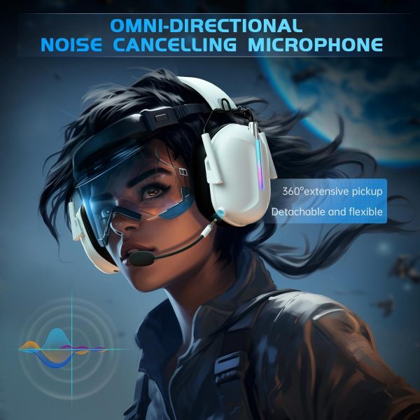 2.4GHz Wireless Gaming Headset for PS5, PC, Switch, PS4, Bass Sound, Bluetooth 5.3 Gaming Headsets with Noise Canceling Microphone, ONLY 3.5MM Wired for Xbox Series, 40H Battery (White) - Image 4