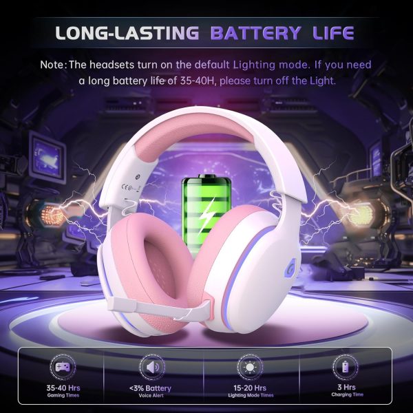 2.4GHz Wireless Gaming Headset for PC, PS4, PS5, Mac, Switch, Bluetooth 5.2 Gaming Headphones with Noise Canceling Microphone, Stereo Sound, ONLY 3.5mm Wired Mode for Xbox Series(Pink White) - Image 3