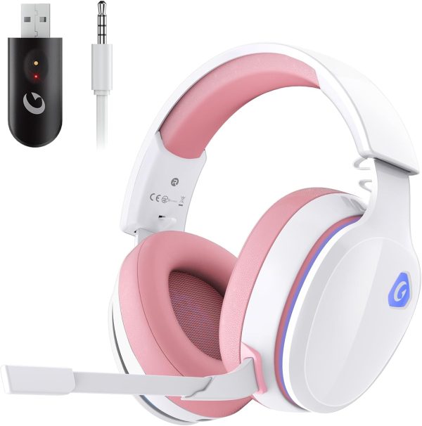 2.4GHz Wireless Gaming Headset for PC, PS4, PS5, Mac, Switch, Bluetooth 5.2 Gaming Headphones with Noise Canceling Microphone, Stereo Sound, ONLY 3.5mm Wired Mode for Xbox Series(Pink White)