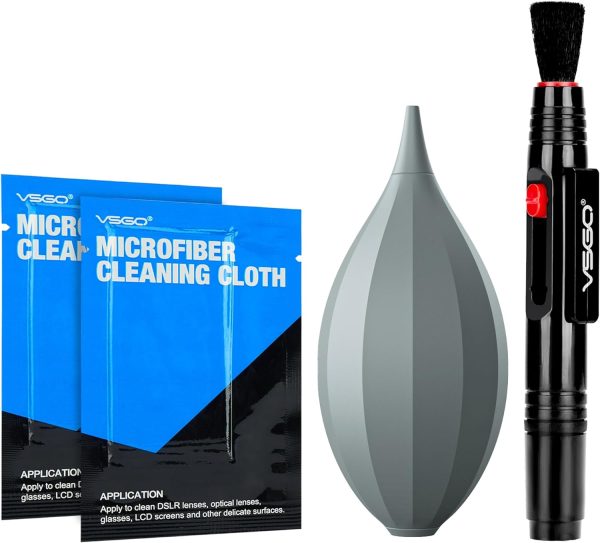 VSGO 4-in-1 Camera Cleaning Kit with Lens Cleaning Air Blower Lens Brush Pen Microfiber Cleaning Cloths Compatible for Canon, Nikon, Sony DSLR Cameras